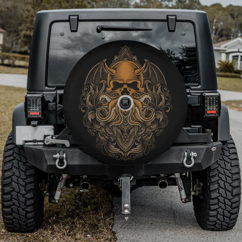 Horned skull octopus gothic occult spare tire cover with backup camera hole, bronze and black design