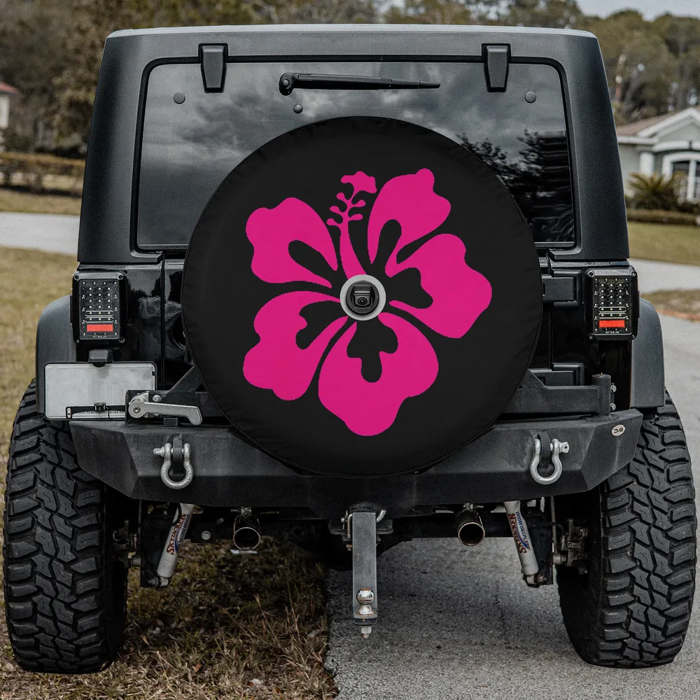 Hot pink hibiscus flower beach bum spare tire cover for Jeep Cherokee, with camera hole