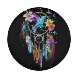 Hummingbird dream catcher with feathers and flowers art for spare tire cover