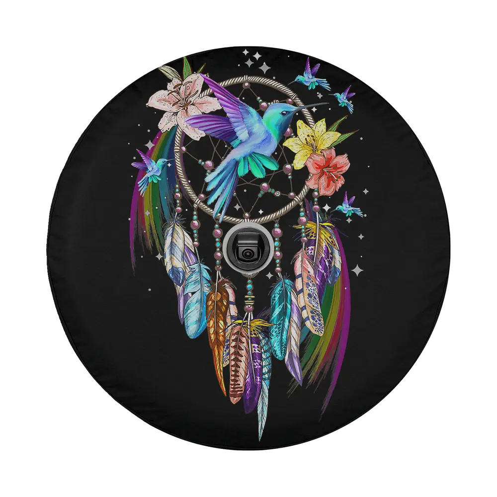 Hummingbird dream catcher with feathers and flowers art for spare tire cover