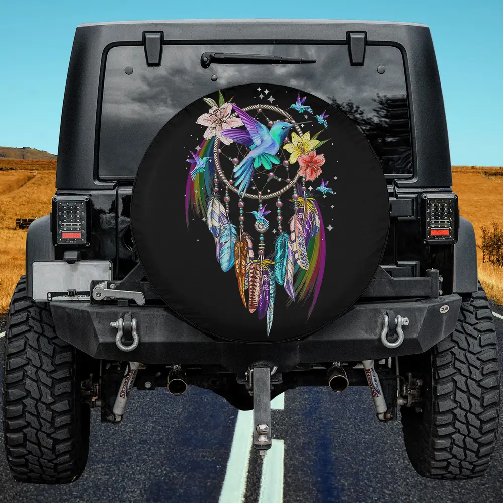 Hummingbird dream catcher spare tire cover with feathers and flowers, no camera hole