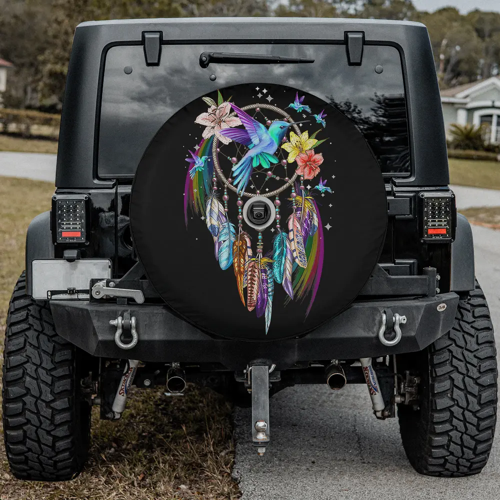 Hummingbird dream catcher spare tire cover with feathers and flowers, backup camera hole