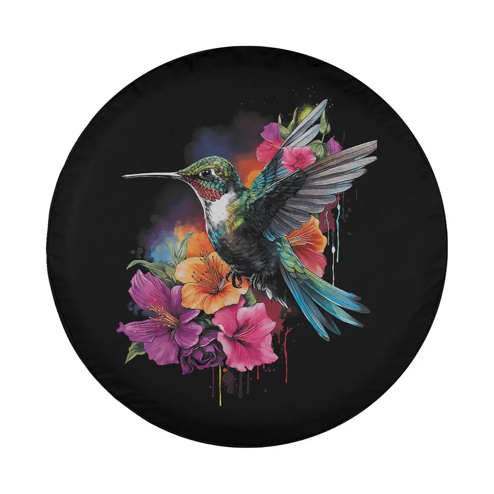 Close-up of hummingbird floral bird artwork on spare tire cover