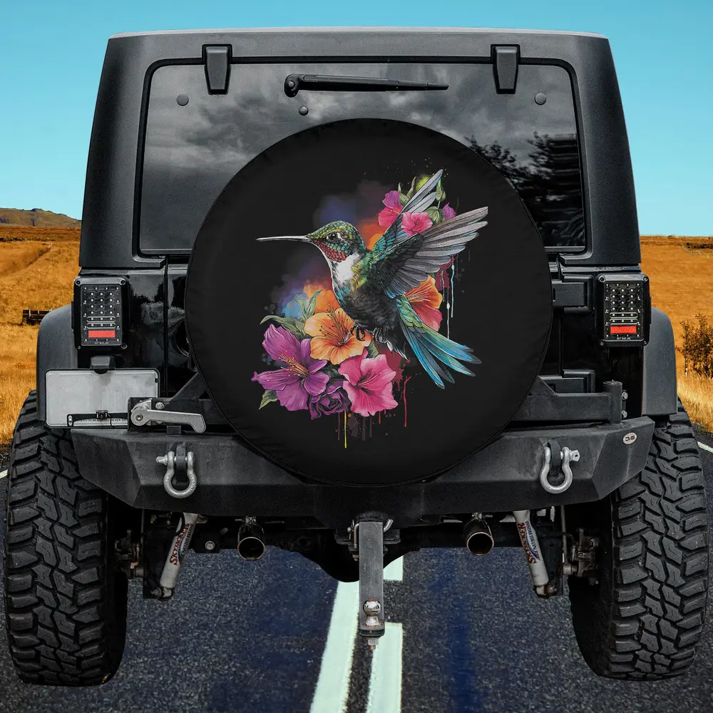 Hummingbird floral bird artwork spare tire cover without camera hole on Jeep