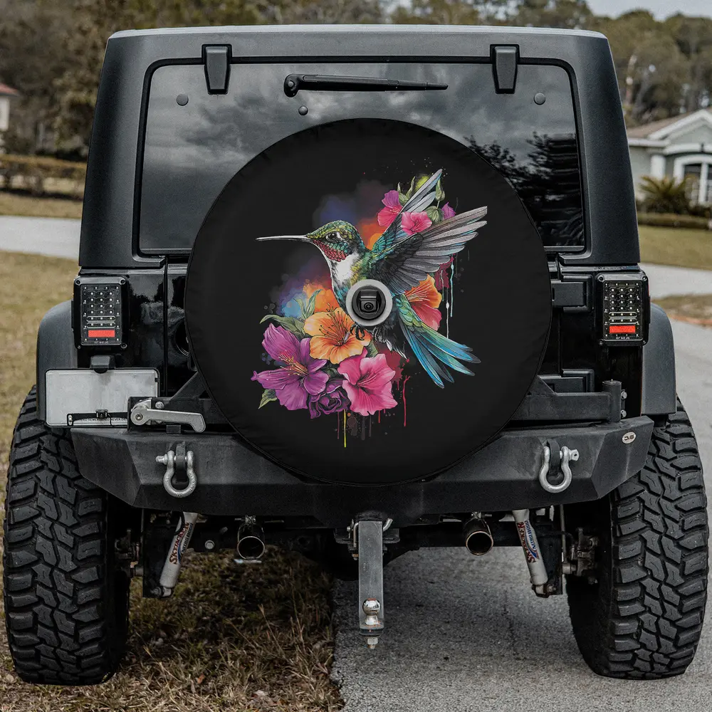 Hummingbird floral bird artwork spare tire cover with camera hole on Jeep