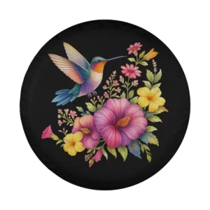 Hummingbird and tropical flowers hibiscus floral bird art design for spare tire cover