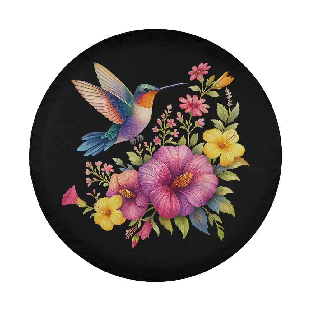 Hummingbird and tropical flowers hibiscus floral bird art design for spare tire cover