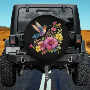 Hummingbird and tropical flowers hibiscus floral bird art spare tire cover with no camera hole for Jeep SUV RV