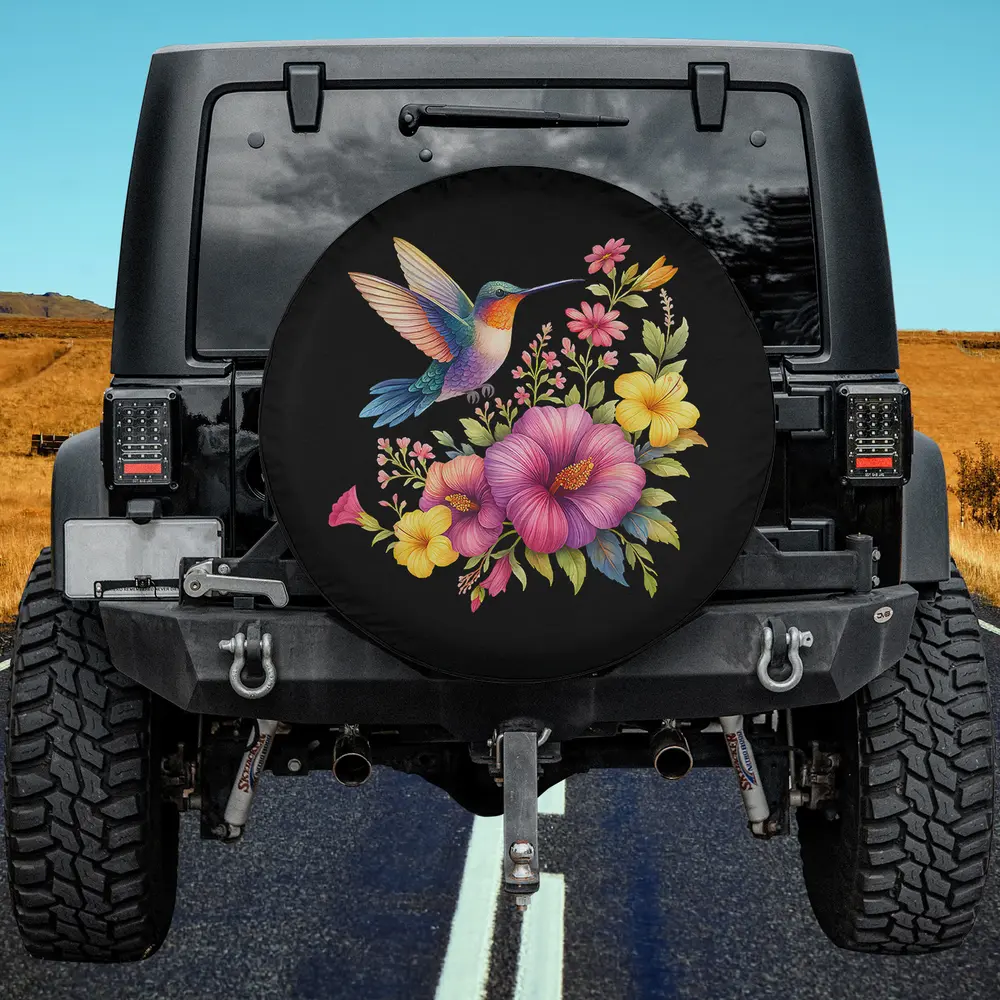 Hummingbird and tropical flowers hibiscus floral bird art spare tire cover with no camera hole for Jeep SUV RV