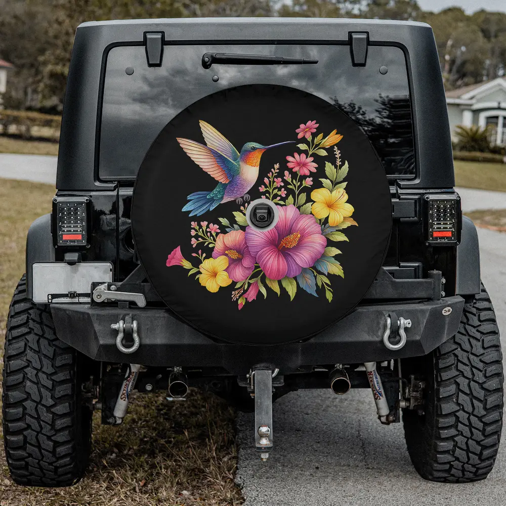 Hummingbird and tropical flowers hibiscus floral bird art spare tire cover with backup camera hole for Jeep SUV RV