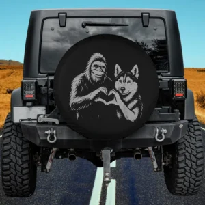 Husky and Bigfoot making heart hand sign dog lover spare tire cover no camera hole