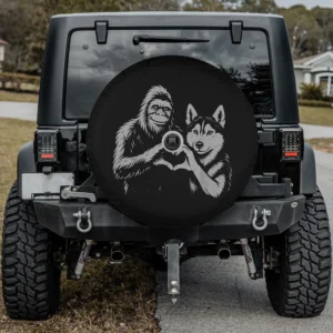 Husky and Bigfoot heart hand sign dog lover spare tire cover with backup camera hole