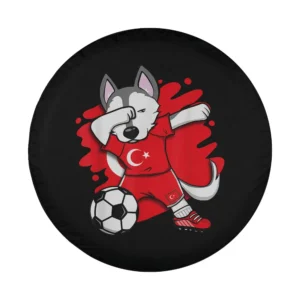 Cartoon husky dabbing in red Turkey soccer jersey with soccer ball design