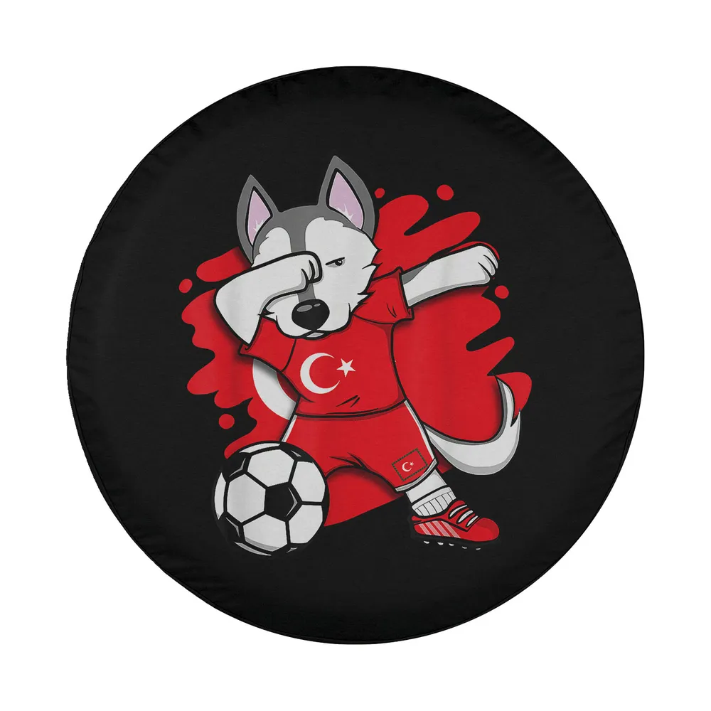 Cartoon husky dabbing in red Turkey soccer jersey with soccer ball design