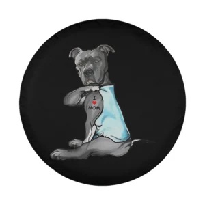 cartoon pitbull with i love mom tattoo and blue tank top funny tire cover art