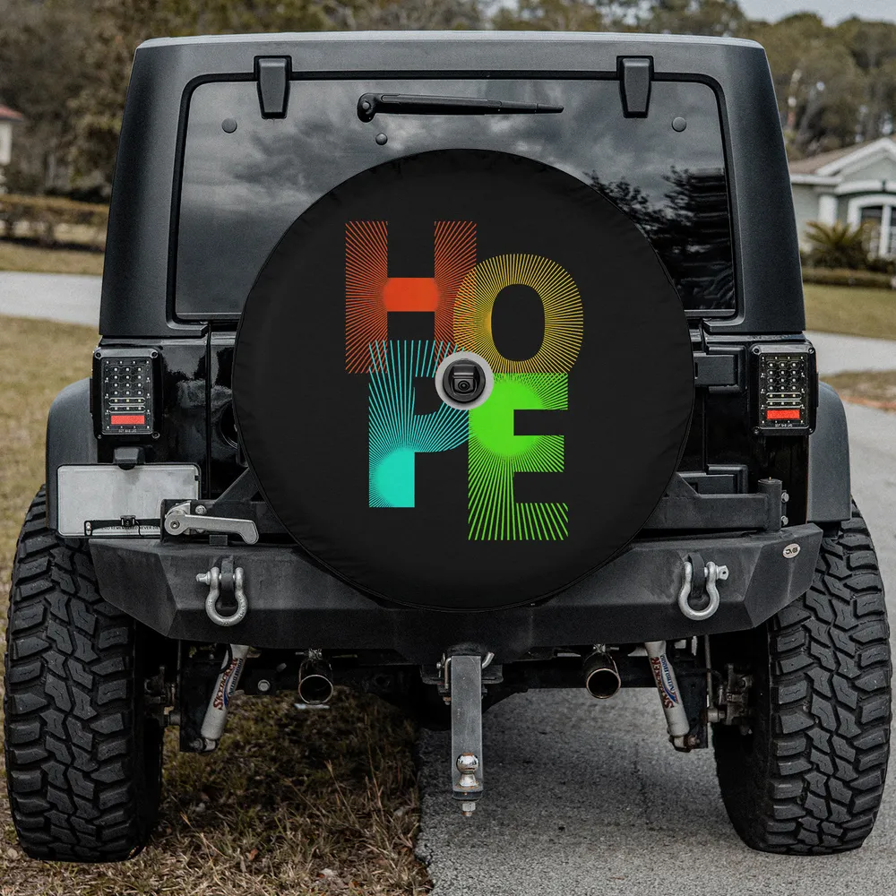 Spare tire cover with inspirational hope lettering and elegant minimalist design, camera hole option for Jeep, SUV, RV
