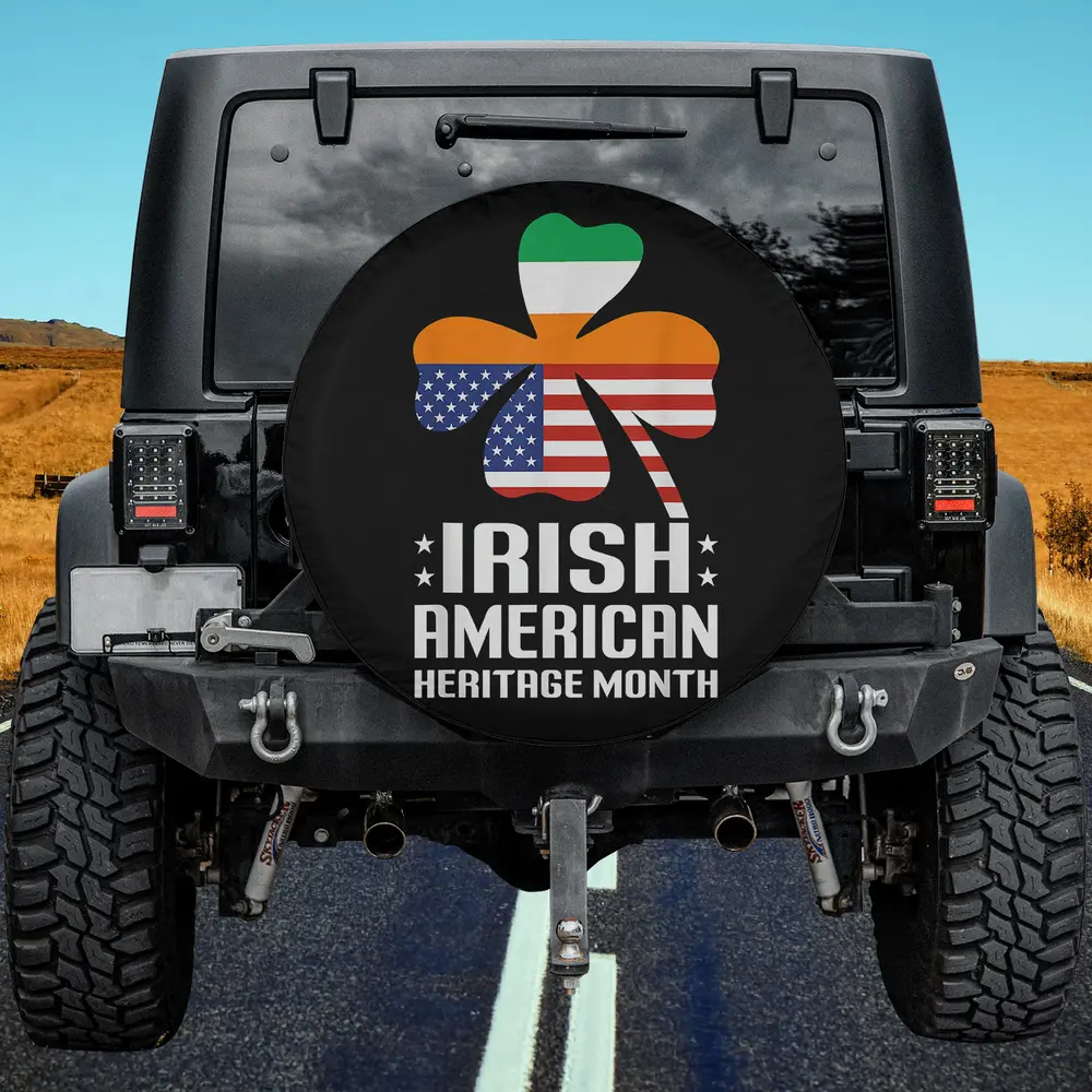 Irish American flag shamrock heritage month spare tire cover no camera hole