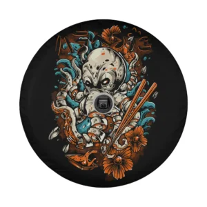 Cartoon Japanese octopus eating ramen with chopsticks and flowers design