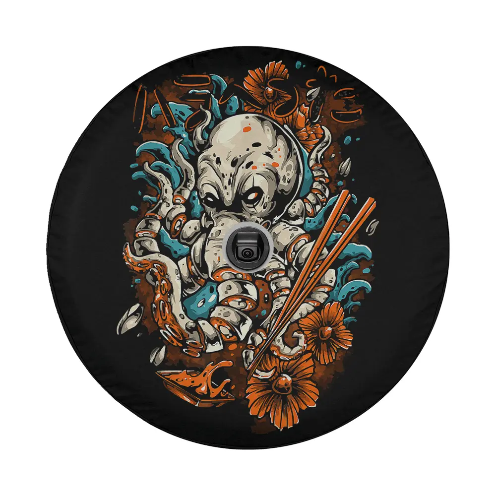 Cartoon Japanese octopus eating ramen with chopsticks and flowers design