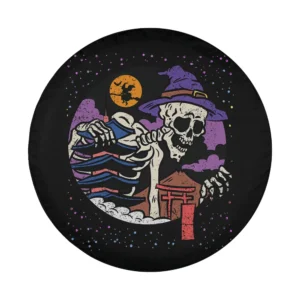 Japanese skeleton witch Halloween design with pagoda and torii gate