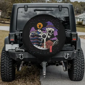 Spare tire cover with Japanese skeleton witch, pagoda, torii gate, and camera hole