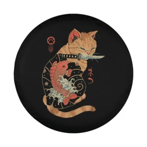 Japanese tattooed cat biting katana with koi fish spare tire cover art