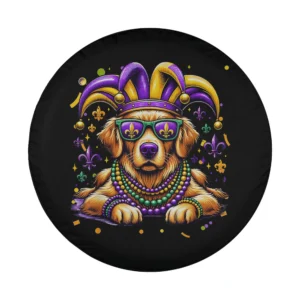 Mardi Gras golden retriever dog with jester hat and beads festival carnival design