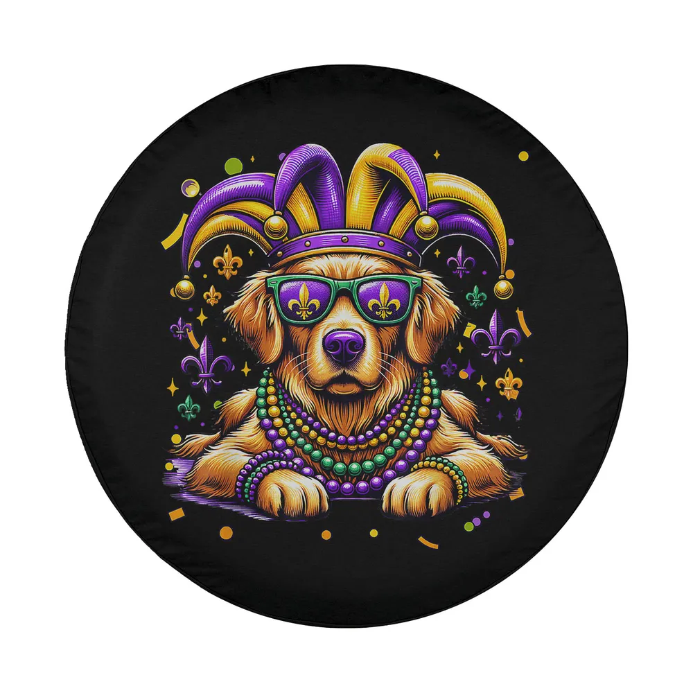 Mardi Gras golden retriever dog with jester hat and beads festival carnival design