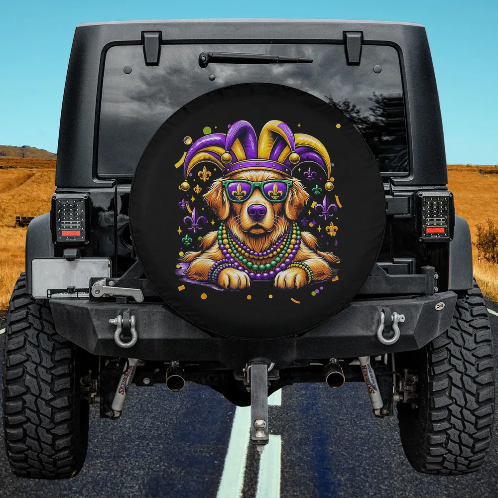 Jester Hat Mardi Gras Beads Golden Retriever Dog Spare Tire Cover No Camera Hole