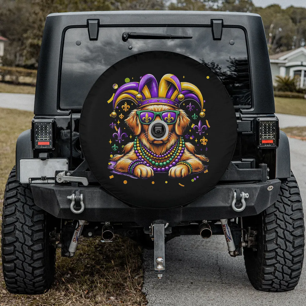 Golden Retriever dog Mardi Gras jester hat beads spare tire cover with camera hole for Jeep SUV