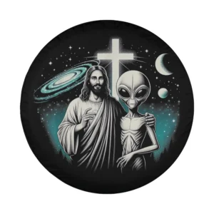 Cosmic faith design with Jesus, alien, galaxy, and cross for spare tire cover