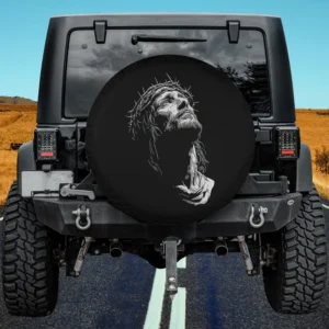 Jesus Christ crown of thorns black and white line art spare tire cover no camera hole