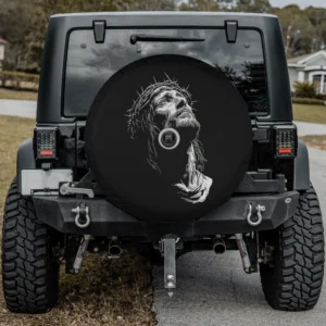 Jesus Christ crown of thorns black and white line art spare tire cover with camera hole