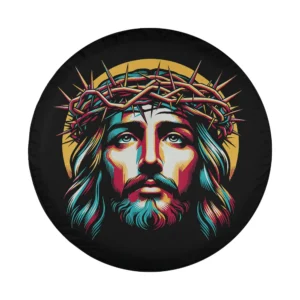 Artwork of Jesus Christ with crown of thorns and radiant halo for tire cover