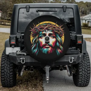 Spare tire cover with Jesus Christ, crown of thorns, radiant halo, backup camera hole