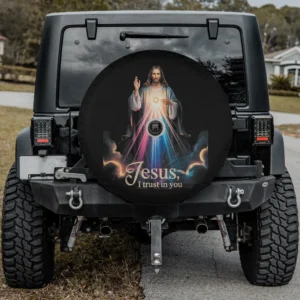 Christian spare tire cover Jesus Divine Mercy with camera hole for RV or SUV
