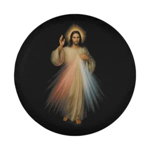 Jesus Divine Mercy halo and light beams design for spare tire cover
