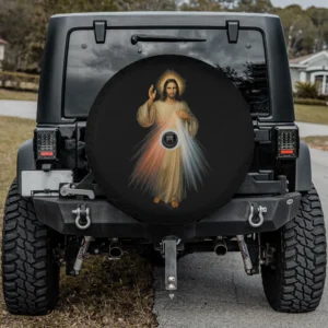 Jesus Divine Mercy halo and light beams spare tire cover with camera hole