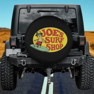 Joe's Surf Shop cartoon surfer vintage surf style spare tire cover no camera hole