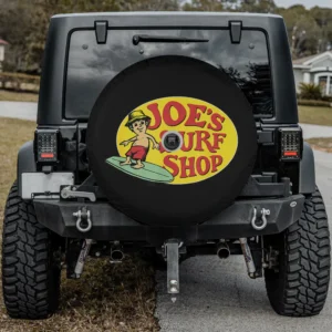 Joe's Surf Shop cartoon surfer vintage surf style spare tire cover with camera hole