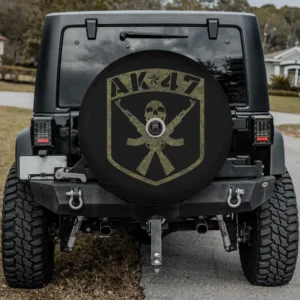 Kalashnikov AK-47 camouflage skull spare tire cover with shield and rifles, with camera hole
