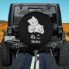kawaii anime hugging cats neko spare tire cover on Jeep with Japanese text