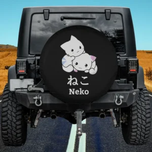 kawaii anime hugging cats neko spare tire cover on Jeep with Japanese text