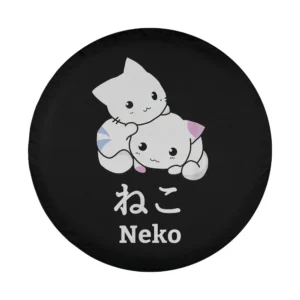 kawaii anime hugging cats neko design with Japanese and English text