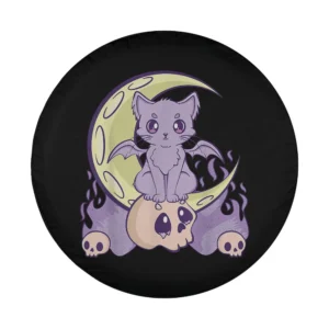 Anime pastel goth cat with bat wings and skulls on moon tire cover design