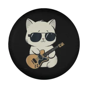 closeup kawaii cat guitar sunglasses cartoon tire cover design art