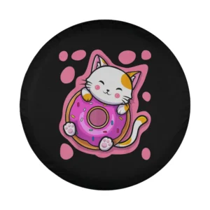 Kawaii cat hugging pink donut anime design for spare tire cover