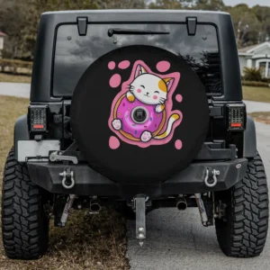 Kawaii cat pink donut anime spare tire cover with backup camera hole for Jeep SUV RV