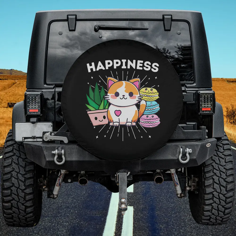 Kawaii cat plant macaroons happiness spare tire cover with no camera hole for Jeep and SUV