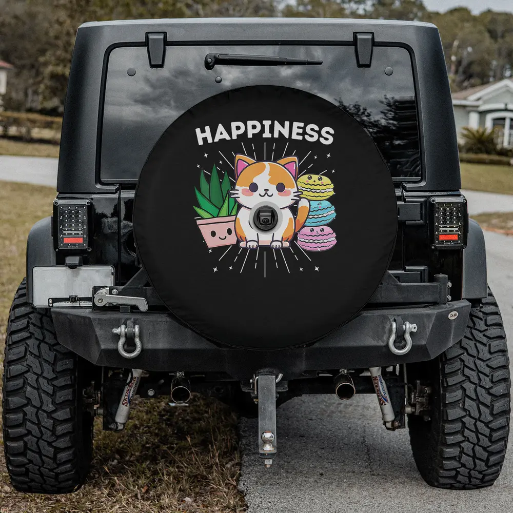 Kawaii cat plant macaroons happiness spare tire cover with camera hole fits Jeep RV